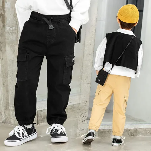 Vista 4 de Pantalones para niño pequeño, paquete de 2 pantalones de meter negro beige (Black+beige)
