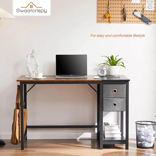 Vista 2 de Escritorio para computadora con cajones, escritorio pequeño de trabajo de 47 pulgadas para dormitorio, oficina en casa, mesa de escritura simple
