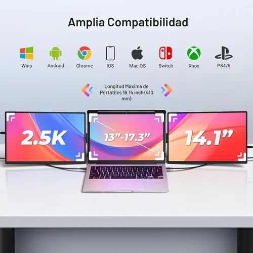 Vista 5 de Extensor de pantalla para laptop, monitor extensor de pantalla triple de 2.5 K, rotación de 360° Plug-Play múltiples pantallas para laptop Negro