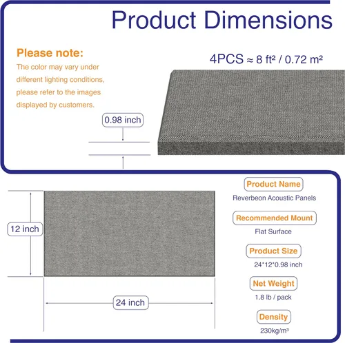 Vista 5 de 4PCS Acoustic Panels, 24"x12" Fabric Acoustic Panels for Walls, Self-Adhesive Sound Absorbing Panels for Home, Office, Studios (Dark Grey)
