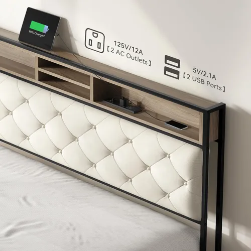Vista 4 de YITAHOME Base de cama de plataforma tamaño Queen con cabecera de 45.2 pulgadas de alto, cabecera de almacenamiento tapizada con estación de carga