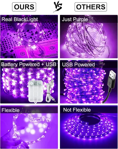 Vista 3 de Paquete de 2 luces negras UV, funciona con pilas, 16.4 pies 2835 luces LED UV, 8 modos, luces negras flexibles, luces de hadas con control remoto