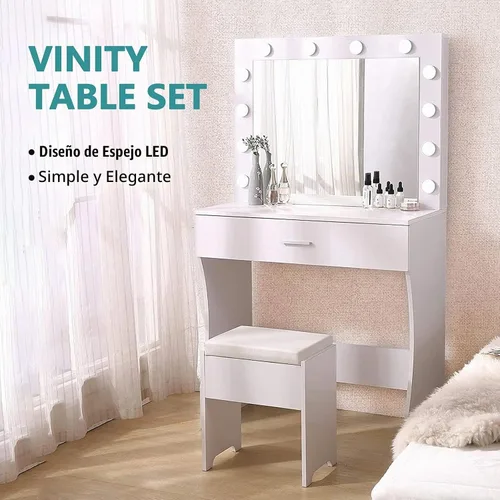 Vista 8 de Vabches Tocador de maquillaje con luces, Mesa tocador de maquillaje, Brillo ajustable, Cajón grande tocador resistente para dormitorio estudio
