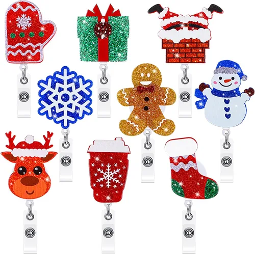 Vista 11 de Yexiya 9 piezas de portacarretes de insignias navideñas de acrílico retráctil con brillos y purpurina, carretes de insignias para días festivos