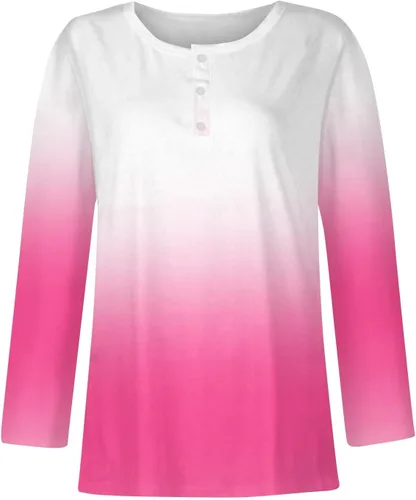 Vista 4 de Camisetas de entrenamiento para mujer, de manga larga, con botones, cuello en V, estampadas, casuales, holgadas
