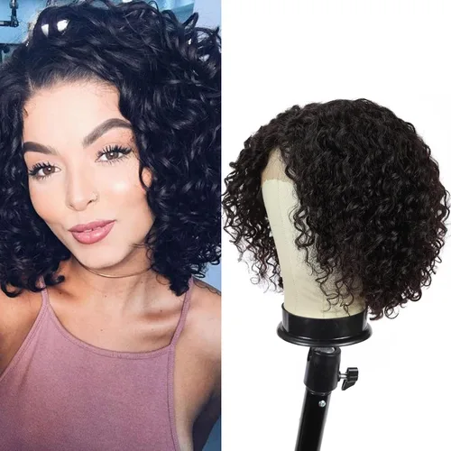 Vista 9 de Blissource Pelucas de cabello humano corto y rizado para mujeres negras, pelucas de cabello humano ondulado con parte en L, pelucas de encaje
