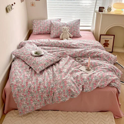 Vista 63 de Juego de funda de edredón blanca con estampado floral azul, juego de ropa de cama de algodón suave estilo bohemio, juego de ropa de cama estética