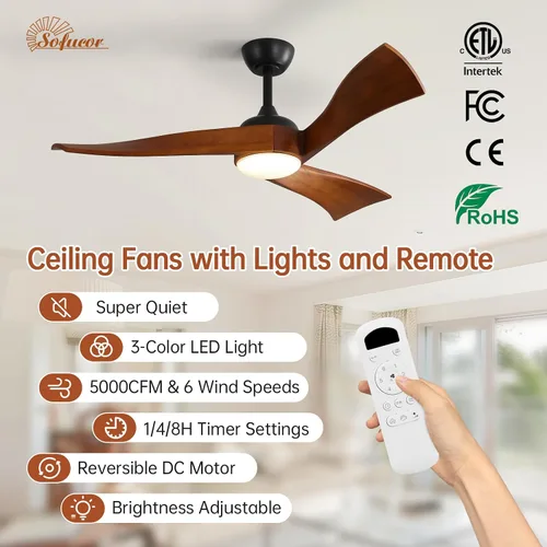 Vista 5 de Sofucor Ventilador de techo de 52 pulgadas con luz y control remoto, 3 aspas de madera maciza, motor de CC silencioso, 6 velocidades 5000 CFM, LED