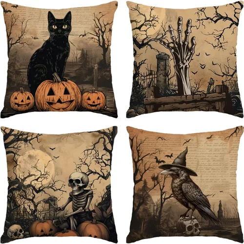 Vista 13 de Fundas de almohada de Halloween de 12 x 12 pulgadas, juego de 4 fundas de almohada decorativas con diseño de truco o trato, fundas de almohada