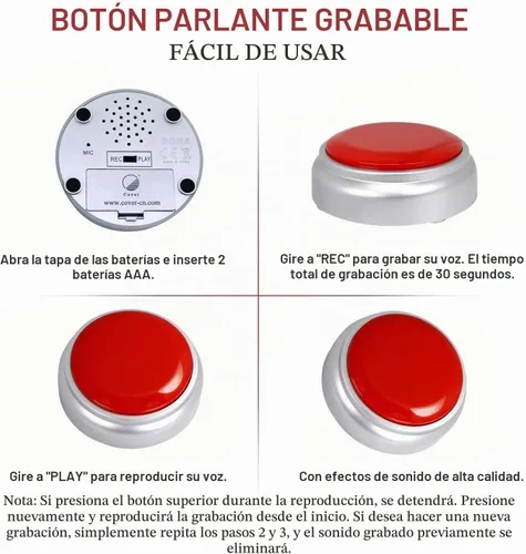 Vista 4 de Botón grabable, botón de grabación parlante, botón fácil de grabar por voz 30S, botón de efecto de sonido con reproducción (rojo y plateado)