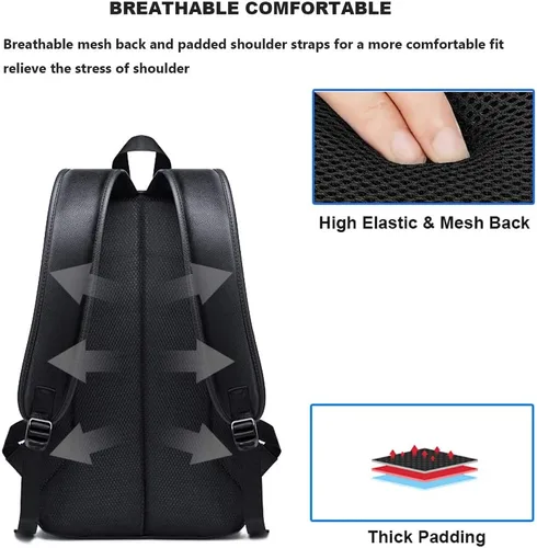 Vista 4 de DYJ Mochila de cuero vegano para laptop para mujeres y hombres, mochilas de viaje vintage de poliuretano con puerto de carga USB para laptop de 17