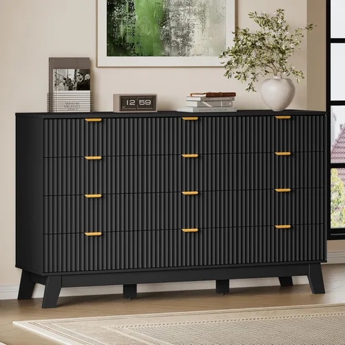 Vista 65 de BORNOON Cómoda acanalada de 3 cajones, 30.3 pulgadas de alto, cómoda bohemia compacta y moderna, armario de almacenamiento de madera