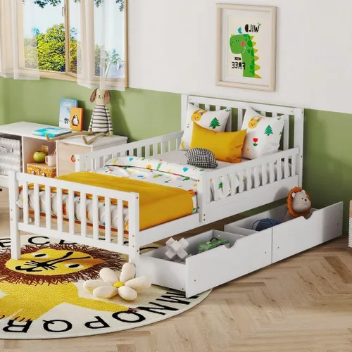 Vista 15 de Base de cama baja de madera para niños, cama de plataforma de madera con cabecera de 2 niveles, luz LED integrada, adecuada para niños y niñas