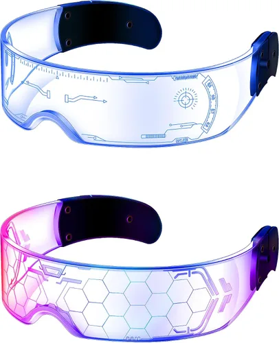 Vista 13 de TOODOO - 2 pares de gafas de visera LED de 7 colores, gafas futuristas, accesorios punk iluminados para disfraz de fiesta Rave