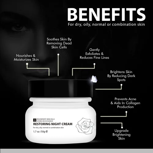 Vista 7 de WBM Crema de noche restauradora para el rostro, hidratante antienvejecimiento con esencia hidro-rica. Crema facial renovadora para la piel para un