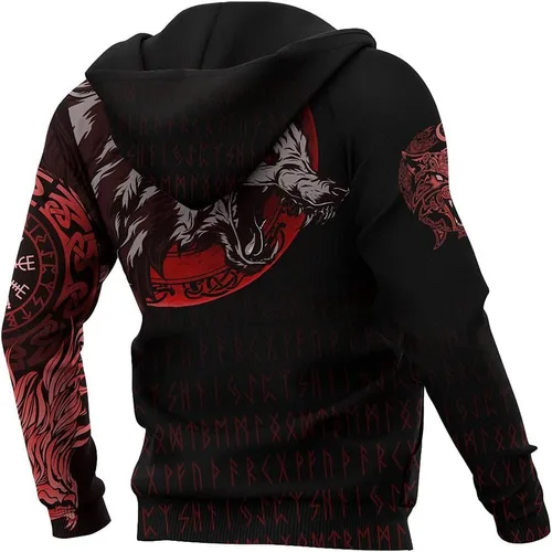 Vista 3 de Fenrir Wolf - Sudadera con capucha con estampado 3D de brújula vikinga, sudadera con cremallera completa para hombre, chaqueta casual de calle