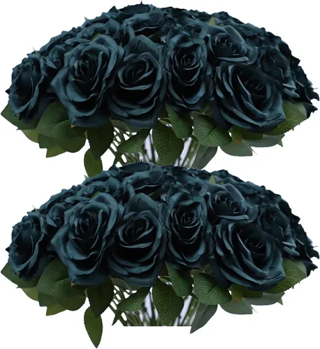 Vista 32 de Flores artificiales de rosa, rosas artificiales, rosas de seda, rosas falsas de aspecto real con tallos para manualidades, ramos de boda, centros