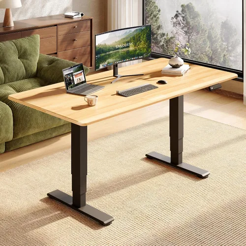 Vista 24 de SANODESK Escritorio de pie de madera maciza de caucho con motor dual 48"x24 Mesa natural + marco blanco