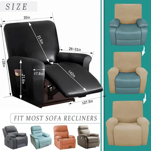 Vista 5 de JOKIVTOU Funda elástica de piel sintética para sofá reclinable de 1/2/3 asientos, con bolsillos laterales, impermeable, funda para sofá reclinable