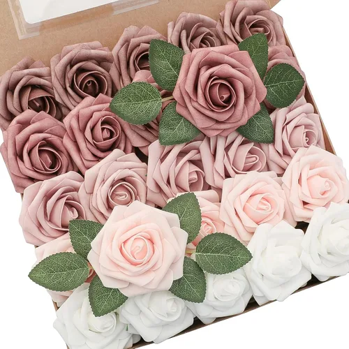 Vista 10 de Floroom Flores artificiales, 25 piezas de rosas falsas de espuma de color verde azulado de aspecto real con tallos para bricolaje, ramos de boda