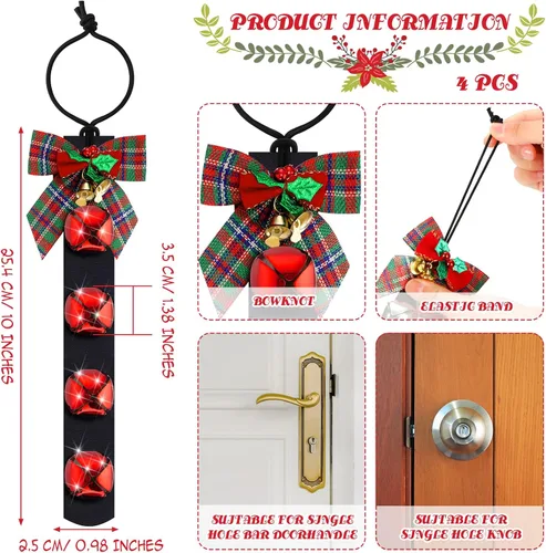 Vista 2 de Hungdao 4 campanas de Navidad para perilla de puerta, timbres de puerta de perro de Navidad con lazo, campana de bienvenida para decoración