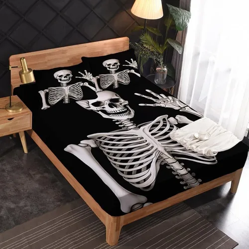 Vista 2 de Divertidas sábanas de esqueleto tamaño individual, sábanas de microfibra suave con bolsillo profundo, sábanas y fundas de almohada estampadas sin