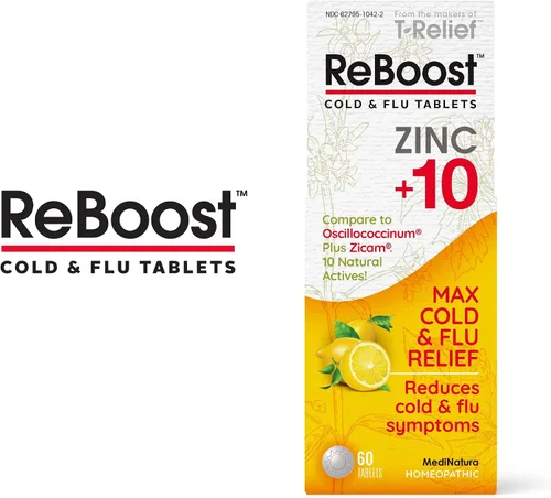Vista 6 de MediNatura ReBoost - Tabletas de zinc +10 para resfriado y gripe, alivio multisíntoma para dolores corporales, dolor de cabeza, tos, secreción