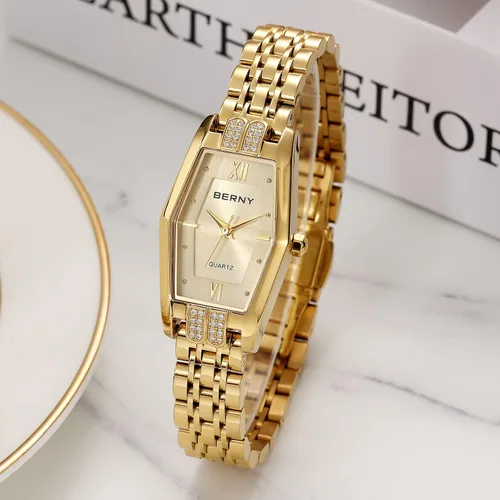 Vista 4 de BERNY Relojes de oro para mujer, delicado hexágono, reloj de pulsera de cuarzo para mujer, correa de acero inoxidable, reloj analógico de moda Dorado