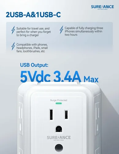 Vista 6 de Toma de pared multienchufe, extensor de 6 salidas con luz nocturna, 3 puertos USB, regleta de alimentación de 3 lados con adaptador espaciado
