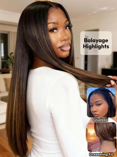 Vista 2 de UNICE Peluca balayage marrón con encaje frontal de 13 x 4 pulgadas, cabello humano Yaki lacio, pretodo, sin pegamento, precortadas, nudos