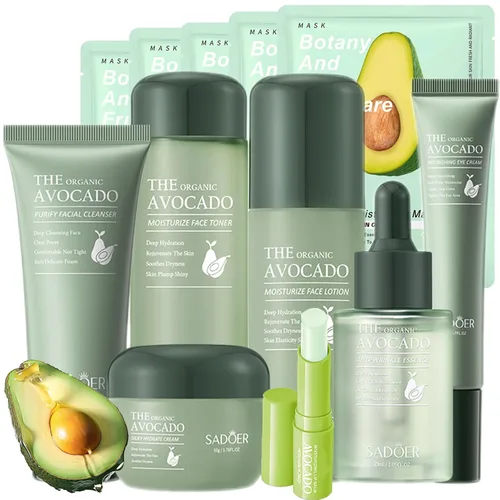 Vista 4 de Set de cuidado de la piel de aguacate, set de regalo para el cuidado de la piel 11 en 1 con limpiador facial, suero facial, crema facial, crema