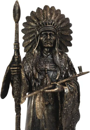 Vista 7 de Ebros nativo americano indio guerrero tribal jefe con tocado de batalla sosteniendo lanza y estatua de pipa Chalumet como decoración del hogar