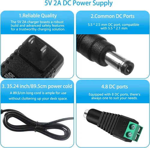 Vista 3 de Cable de fuente de alimentación de 5 V 2 A, CA 100-240V a CC 10 W, enchufe de cargador de pared universal, cable de alimentación de 5 voltios, 2