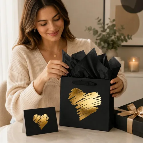 Vista 4 de ysmile Pequeña bolsa de regalo negra con papel de seda para hombres, fiesta de cumpleaños, aniversario, día del padre, 7.8 pulgadas, corazón dorado