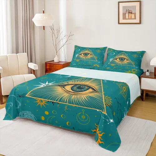 Vista 34 de Erosebridal Juego de sábanas tamaño individual con estampado de luna, diseño de flores de loto, color morado degradado, juego de sábanas orientales