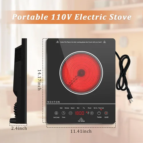 Vista 5 de Noxton Estufa eléctrica portátil de 110 V, 1800 W, estufa eléctrica de un solo quemador, placa de cocción eléctrica, temporizador de 4 horas, 9