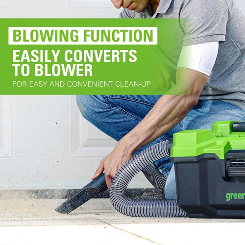 Vista 3 de Greenworks Aspiradora inalámbrica de 24 V sin escobillas de 3 galones con manguera, herramienta para hendiduras, boquilla de piso, batería de 4.0 Ah