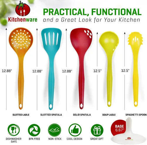 Vista 3 de Tomato Kitchenware Nylon Kitchen Utensil Set Tools - Solid Spatula, Slotted Spatula, Soup Ladle, Slotted Ladle, Spaghetti Spoon - Safe for Non-Stick