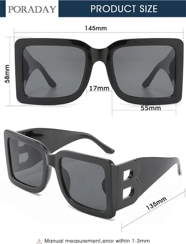 Vista 7 de PORADAY Gafas de sol cuadradas grandes de moda para mujeres y hombres marco grueso negro de moda gafas de sol de diseñador de lujo marco grande