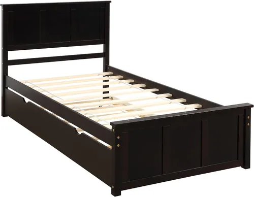 Vista 5 de Cama de plataforma con nido, marco de cama individual de madera minimalista y elegante, montaje simple y aspecto retro (espresso)