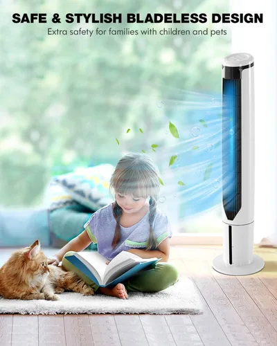 Vista 8 de ARLIME Enfriador de aire evaporativo, ventilador de torre oscilante con control remoto, oscilación de 70°, 3 velocidades y temporizador de 9 horas