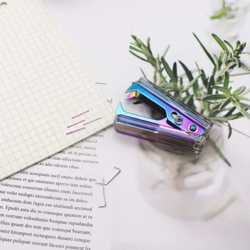 Vista 4 de Cuerpo acrílico transparente colorido tono metálico titular de notas y removedor de grapas conjunto auto-adhesivo cubo dispensador de notas titular