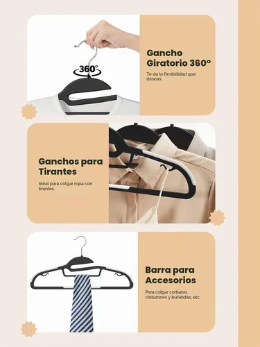 Vista 7 de HOUSE DAY Perchas de Plástico Negro Paquete de 30, Delgadas que Ahorran Espacio, Perchas Antideslizantes para Ropa con Almohadillas de Goma, Percha