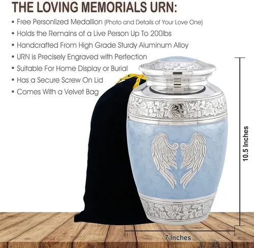 Vista 3 de Urnas de cremación personalizadas con alas de ángel azules para cenizas adultas, hombres y mujeres, urnas funerarias de 200 libras para cenizas