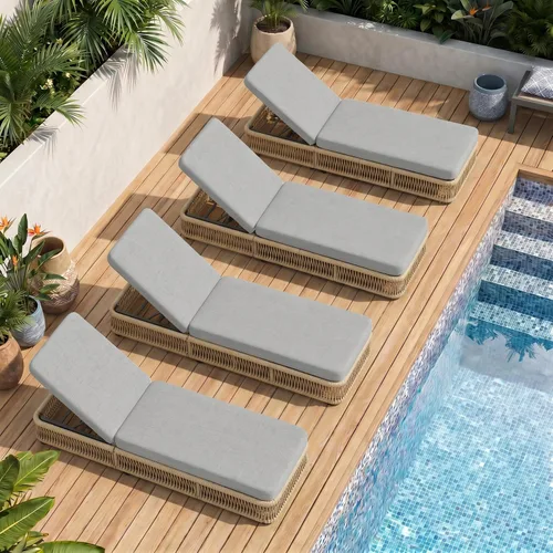 Vista 8 de Outdoor Chaise Lounge Chairs Set of 2, Brown Woven Rope Pool Lounge Chairs marrón/beige
