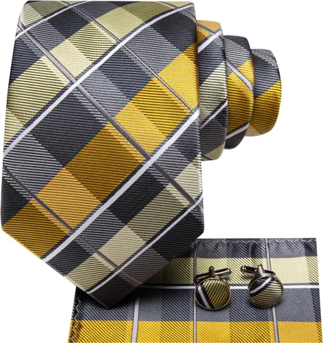 Vista 49 de Hi-Tie Corbata clásica de cachemira para hombre con pañuelo y gemelos a cuadros
