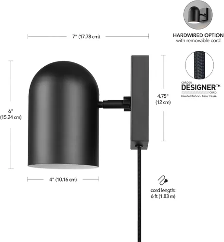 Vista 8 de Globe Electric 65000098 Lámpara de pared de 1 luz enchufable o cableada, negro mate, cable de tela trenzada de 1.8 metros, interruptor basculante