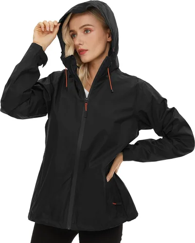 Vista 4 de LeSies Chaqueta impermeable ligera para mujer, con capucha, cortavientos ajustable y resistente al viento