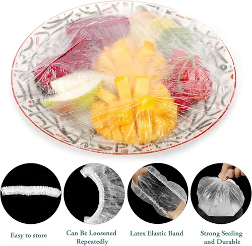 Vista 2 de 150 fundas desechables para almacenamiento de alimentos, tapas de plástico transparente con bordes elásticos, tapas de ducha, embalaje elástico