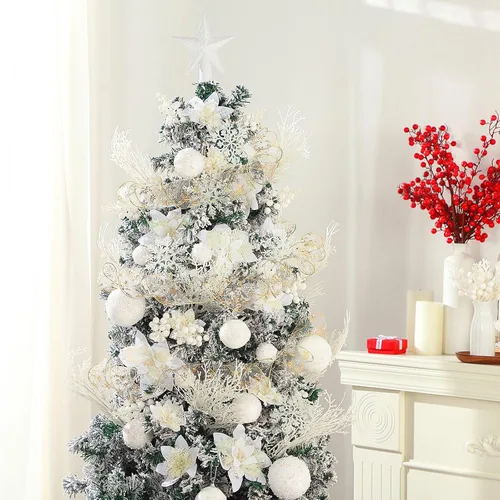 Vista 6 de Moucuny Set de 68 Piezas de Adornos para Árbol de Navidad, Adorno de Bola de Árbol de Navidad con Purpurina Inastillable, Flores de Pascua, Cinta